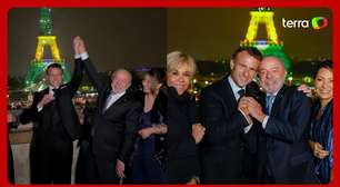 Macron arrisca português em vídeo com Lula na frente da Torre Eiffel iluminada com cores do Brasil
